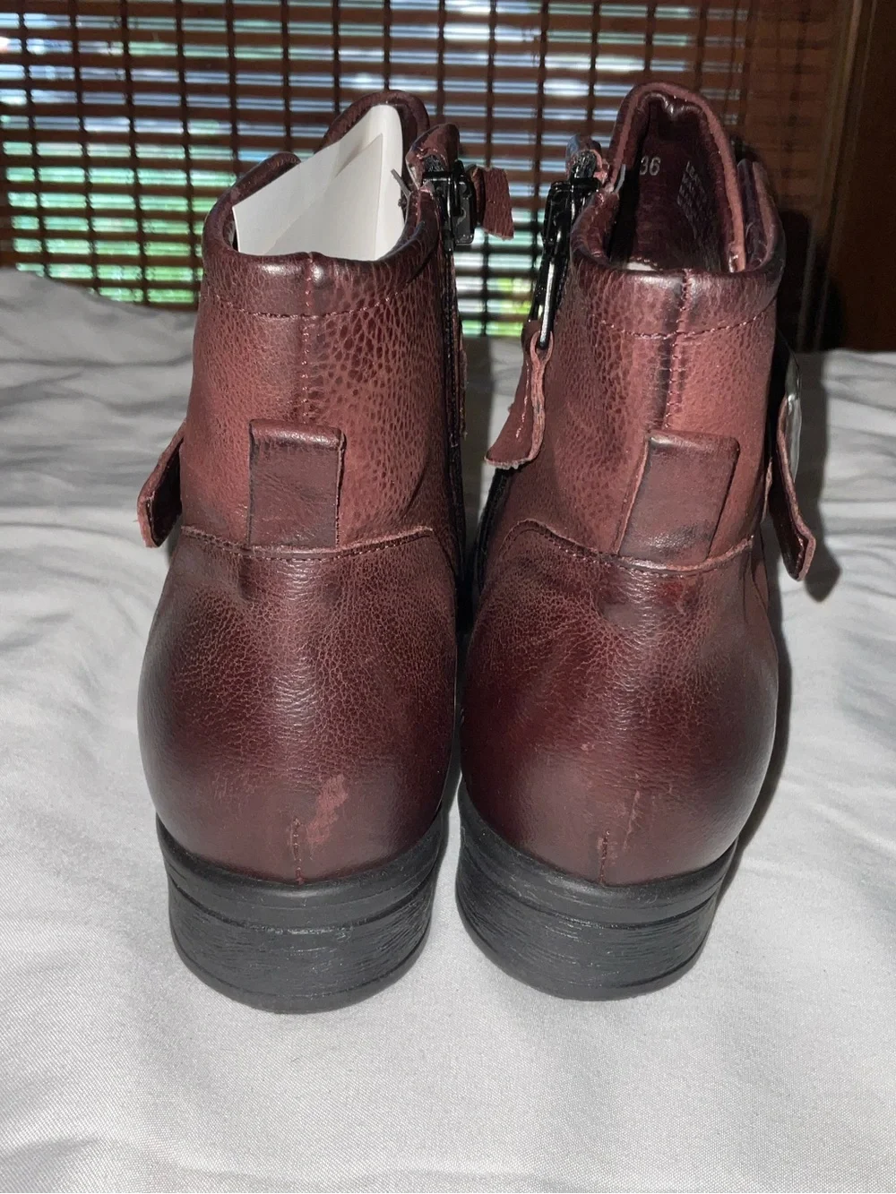 Miz Mooz Burgundy Leather Ankle Booties with Side Zip & Buckle